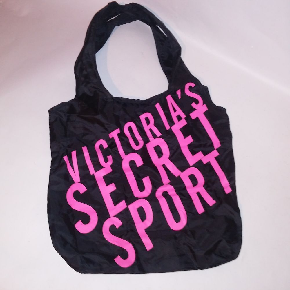 Victoria Secret Sport Tote Bag Nylon Black Neon Pink 2 Hair Ties 14" x 16" - Picture 2 of 11